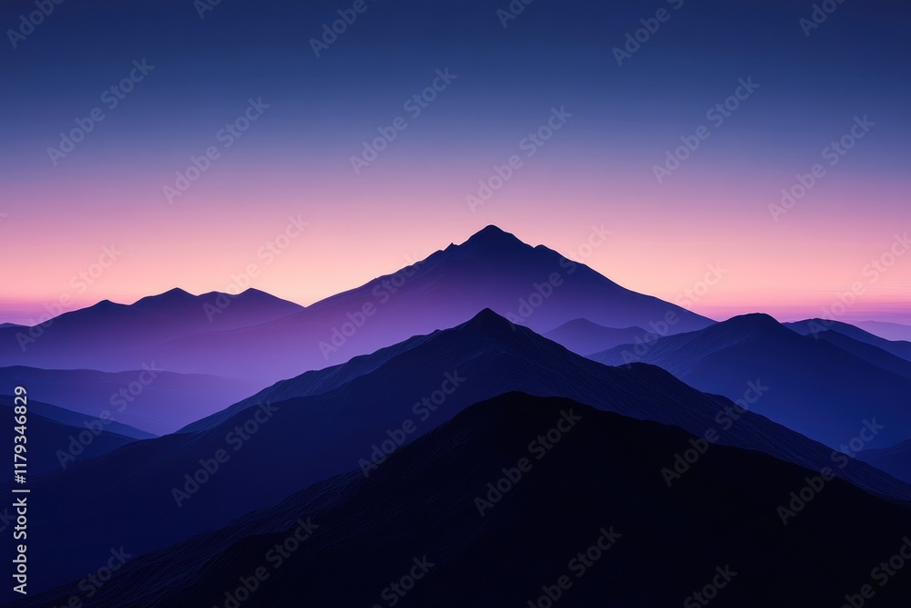 Majestic mountain range at dusk with vibrant hues and layered silhouettes in a serene landscape. Generative AI Majestic mountain range at dusk with vibrant hues and layered silhouettes in a serene landscape. Generative AI