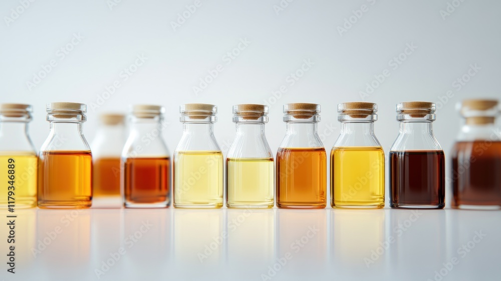 Row of small glass bottles with various liquids, showcasing different colors and shades of amber, brown, and yellow. Row of small glass bottles with various liquids, showcasing different colors and shades of amber, brown, and yellow.