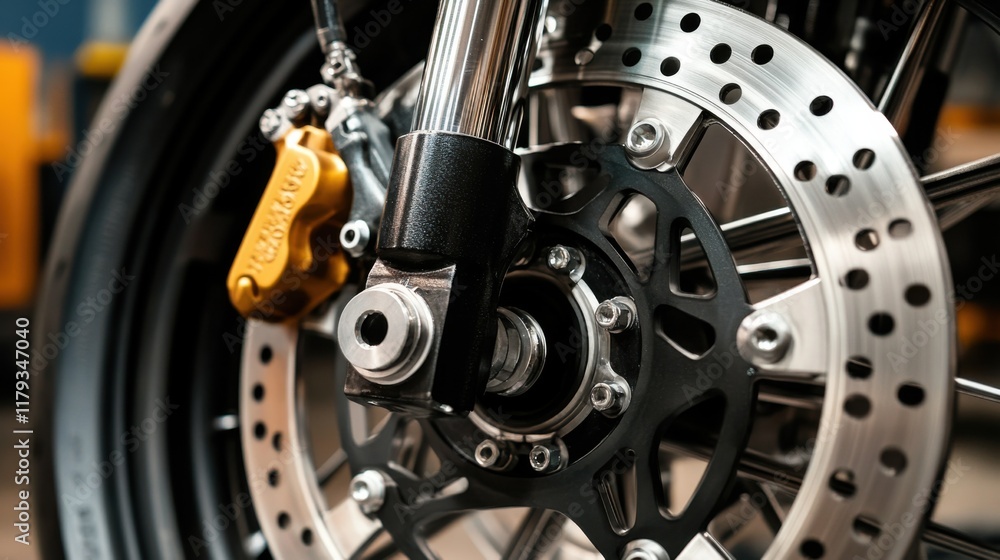 Motorcycle Front Wheel Disc Brake Caliper Closeup Detail Shot Motorcycle Front Wheel Disc Brake Caliper Closeup Detail Shot