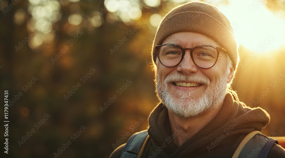 Smiling senior man wearing a beanie, enjoying a golden hour forest view Smiling senior man wearing a beanie, enjoying a golden hour forest view