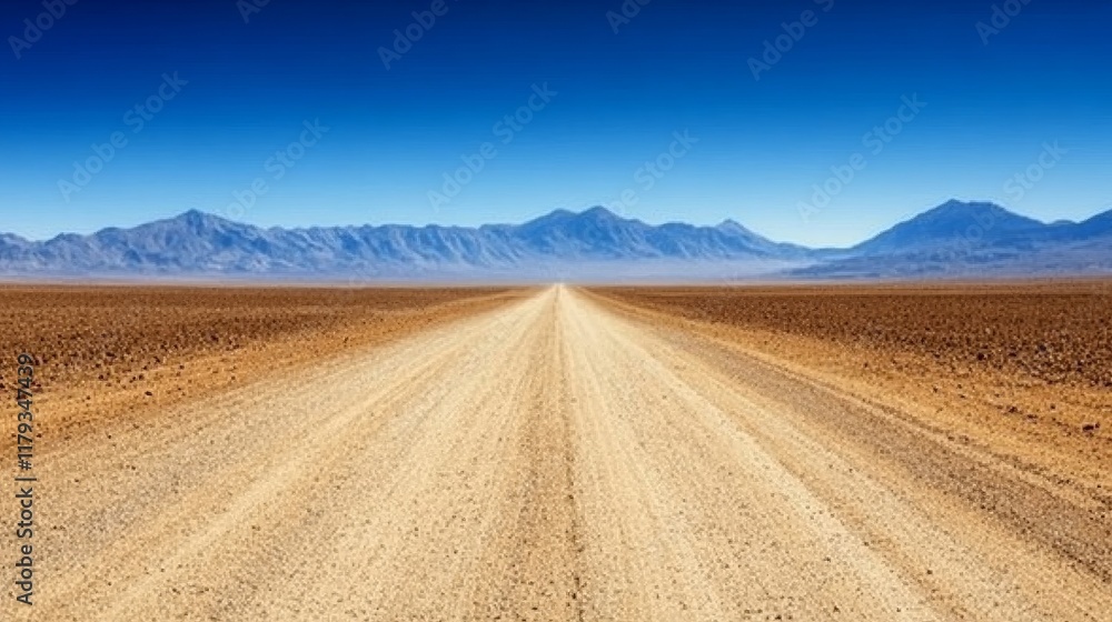 Endless Dirt Road Through a Vast, Barren Desert Landscape with Majestic Mountains in the Distance Endless Dirt Road Through a Vast, Barren Desert Landscape with Majestic Mountains in the Distance