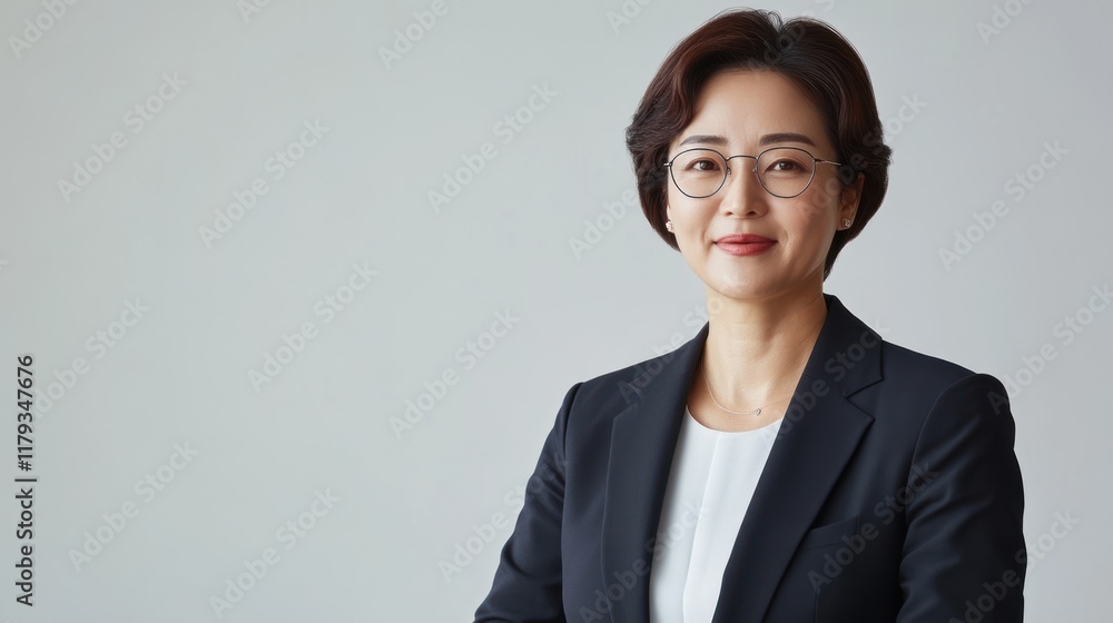Portrait of a smiling Asian businesswoman in a black suit and glasses against a light gray background. Portrait of a smiling Asian businesswoman in a black suit and glasses against a light gray background.