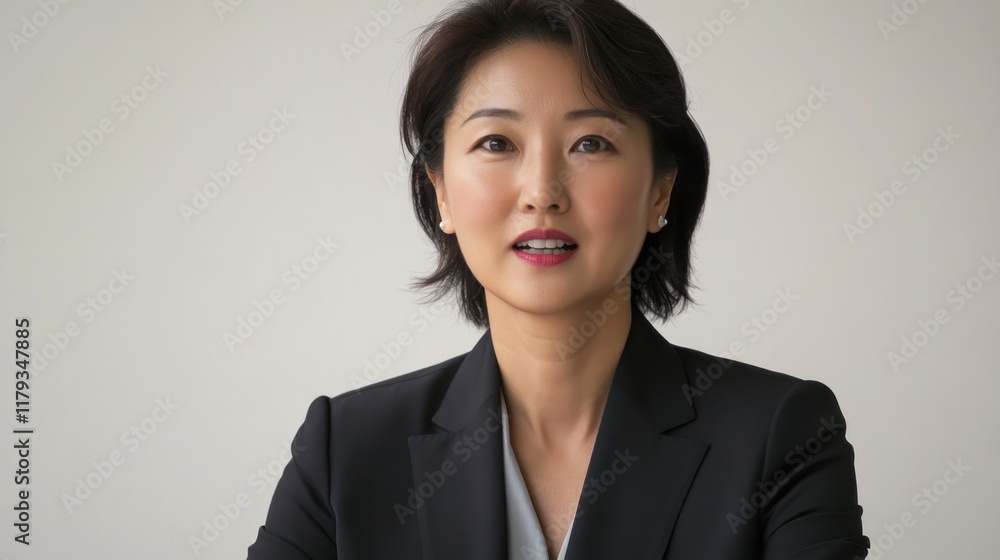 Confident Asian businesswoman in a black suit looks directly at the camera against a neutral background. Confident Asian businesswoman in a black suit looks directly at the camera against a neutral background.