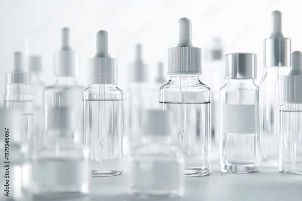 Close-up of various clear glass dropper bottles with white caps, some with blank labels, on a white background. Close-up of various clear glass dropper bottles with white caps, some with blank labels, on a white background.