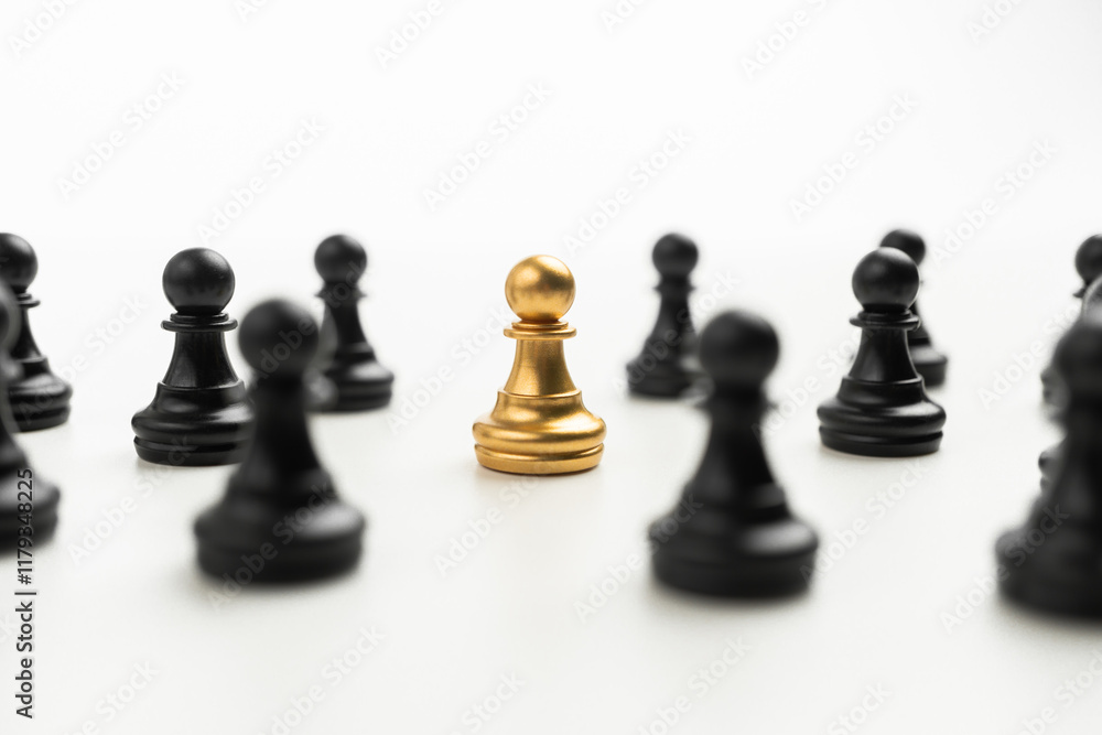 Golden Chess pawn standing to Be around of other chess, Concept of a leader must have courage and challenge in the competition, leadership and business vision for a win in business games Golden Chess pawn standing to Be around of other chess, Concept of a leader must have courage and challenge in the competition, leadership and business vision for a win in business games