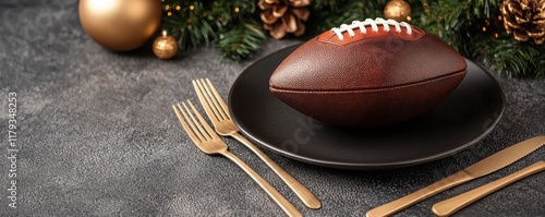 Festive Christmas Football Game Dinner Table Setting with American Football Gold Cutlery and