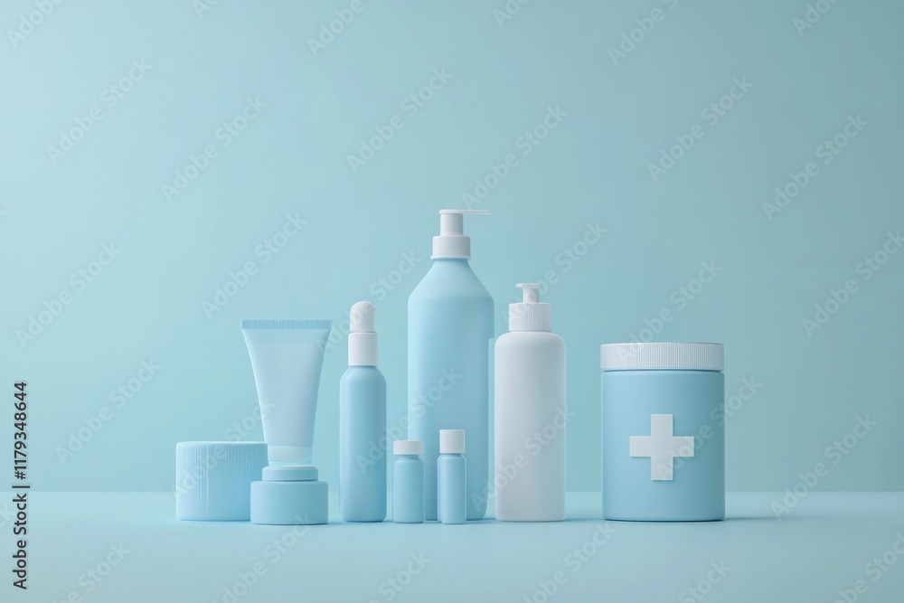 Light blue pastel cosmetic bottles and jars on a light blue background. Light blue pastel cosmetic bottles and jars on a light blue background.