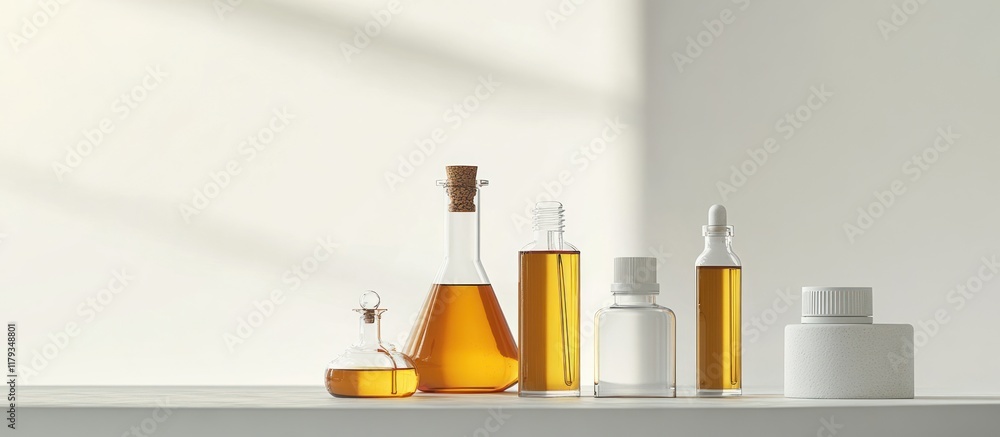 Amber essential oils in glass bottles on white surface. Amber essential oils in glass bottles on white surface.