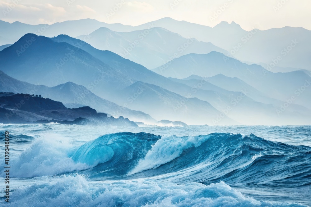 Fototapeta premium Ocean waves crashing against a dramatic coastline, with layers of misty mountains in the background.