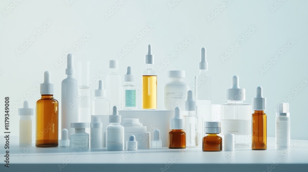 Collection of amber and white dropper bottles on white surface. Collection of amber and white dropper bottles on white surface.