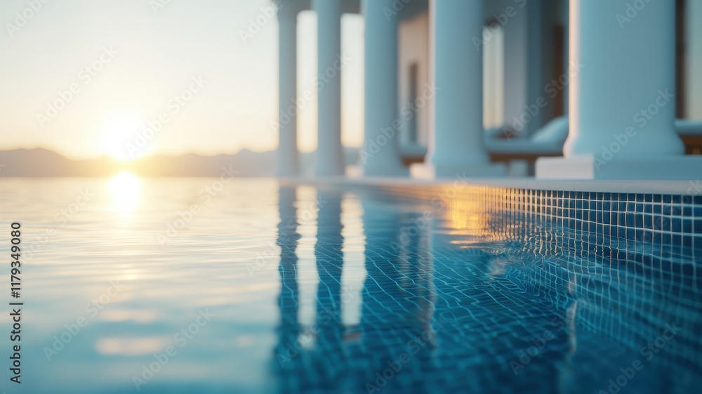 Naklejka premium Serene Sunset Reflection in Luxury Infinity Pool with Columns