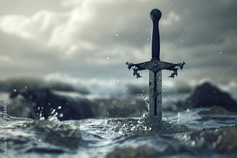 Naklejka premium Fantastic weapon royal sword with beautiful handle and sharp blade, abstract vivid composition consists of fictional unreal fantastic vision on background