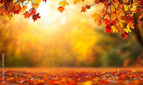 Autumn background with blurred autumn leaves on trees and falling leaves in a park at sunset. Autumn natural landscape with copy space, a fall season background. Generative Ai