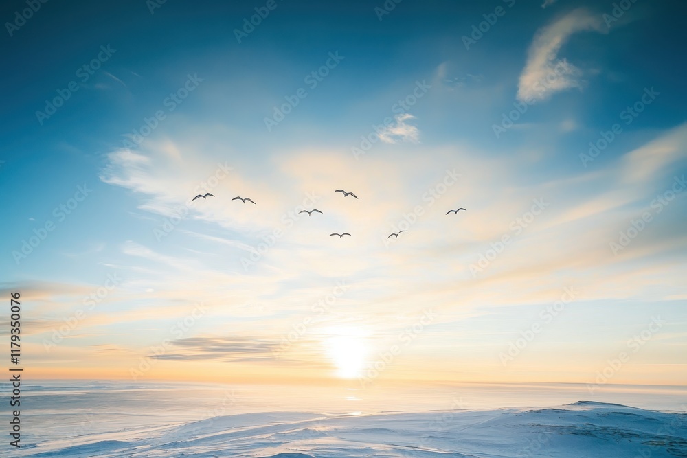 Fototapeta premium A flock of arctic terns soaring through the midnight sun over the North Pole.