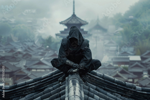 Japanese ninja warrior dressed in samurai clothes holding long sharp sword, abstract vivid composition consists of fictional unreal fantastic vision on background photo