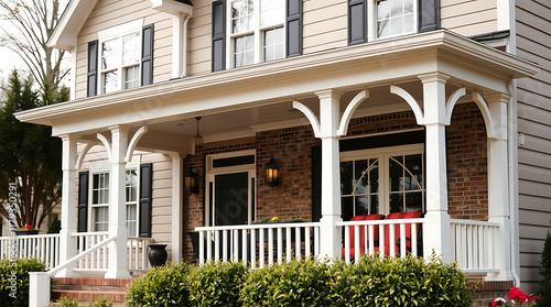 Fototapeta Naklejka Na Ścianę i Meble -  Two-Story House with Front Porch and Landscaping