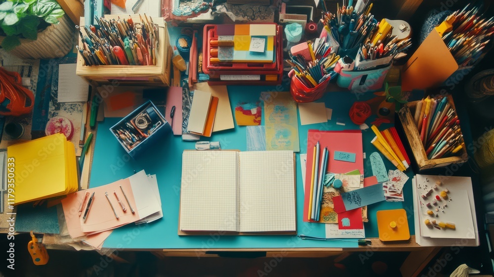 Fototapeta premium Work place of a creative person with a variety of colorful stationery objects 