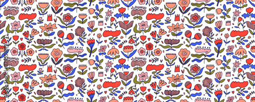 Seamless doodle botanical pattern with cute graphic flowers. Hand drawn childish floral seamless background.