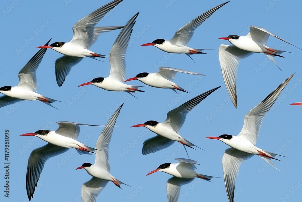 Obraz premium A flock of arctic terns soaring through the midnight sun over the North Pole.