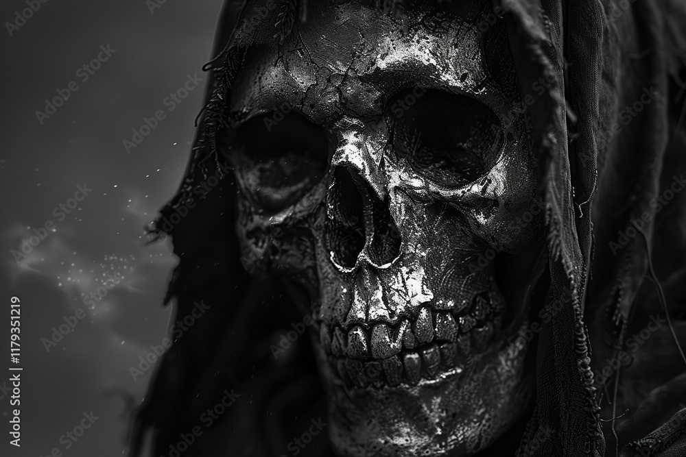 Naklejka premium Scary grim reaper with sharp scythe in hell with dark dramatic color, abstract vivid composition consists of fictional unreal fantastic vision on background