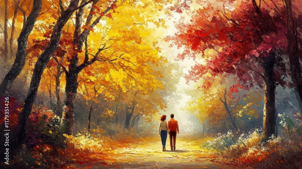A couple walking along a tree-lined path, surrounded by leaves in shades of yellow, red, and orange, enjoying the crisp air of a fall day. A couple walking along a tree-lined path, surrounded by leaves in shades of yellow, red, and orange, enjoying the crisp air of a fall day.