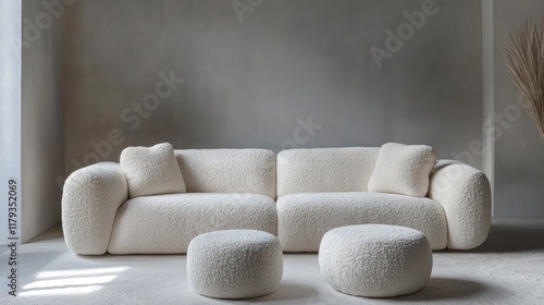 Cream fluffy sofa and ottomans in minimalist room. photo