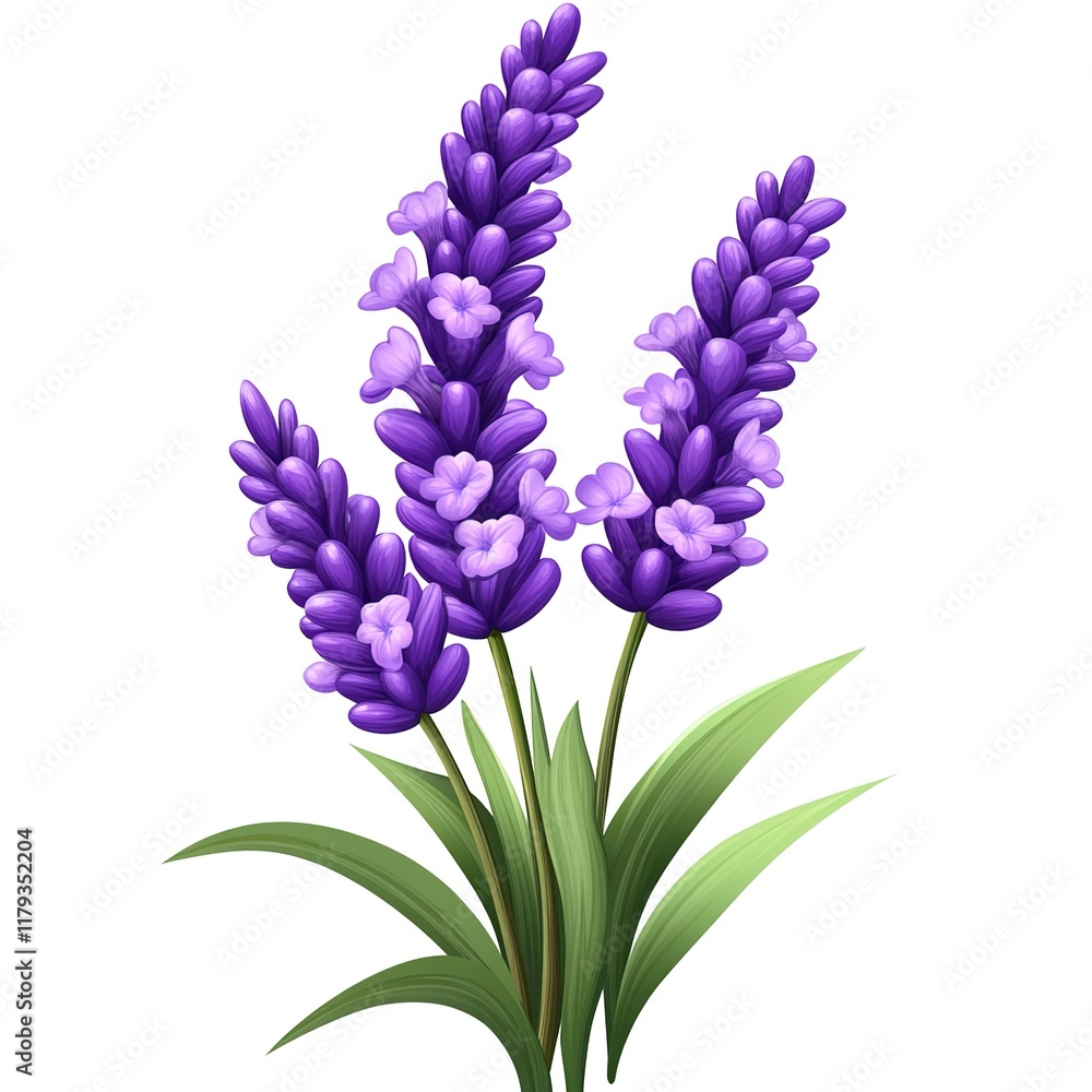 Fototapeta premium Realistic Lavender Flower Isolated on White Background. Elegant and Fragrant Purple Floral Stem Symbolizing Relaxation, Aromatherapy, and Natural Beauty.