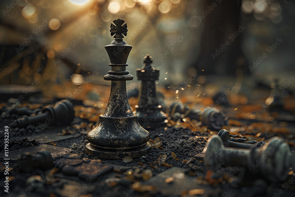 Chess piece standing on checkered game board during strategic game of chess, abstract vivid composition consists of fictional unreal fantastic vision on background Chess piece standing on checkered game board during strategic game of chess, abstract vivid composition consists of fictional unreal fantastic vision on background