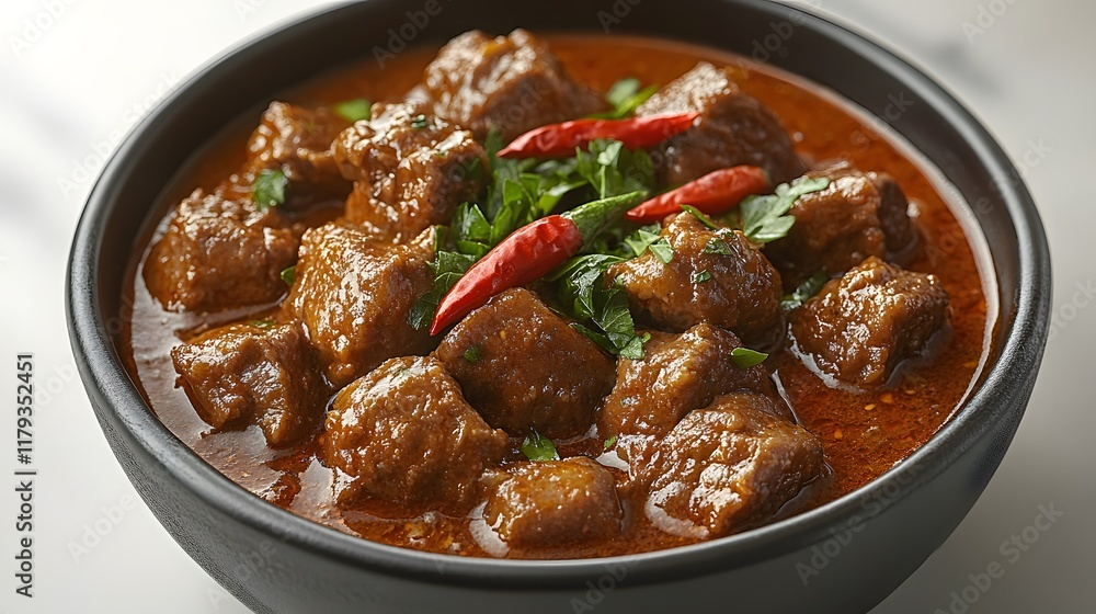 Delicious beef stew in a dark bowl, garnished with chili peppers and parsley. Delicious beef stew in a dark bowl, garnished with chili peppers and parsley.