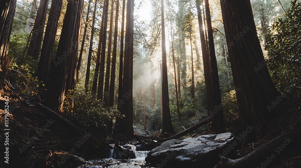 Fototapeta premium A forest with a stream running through it