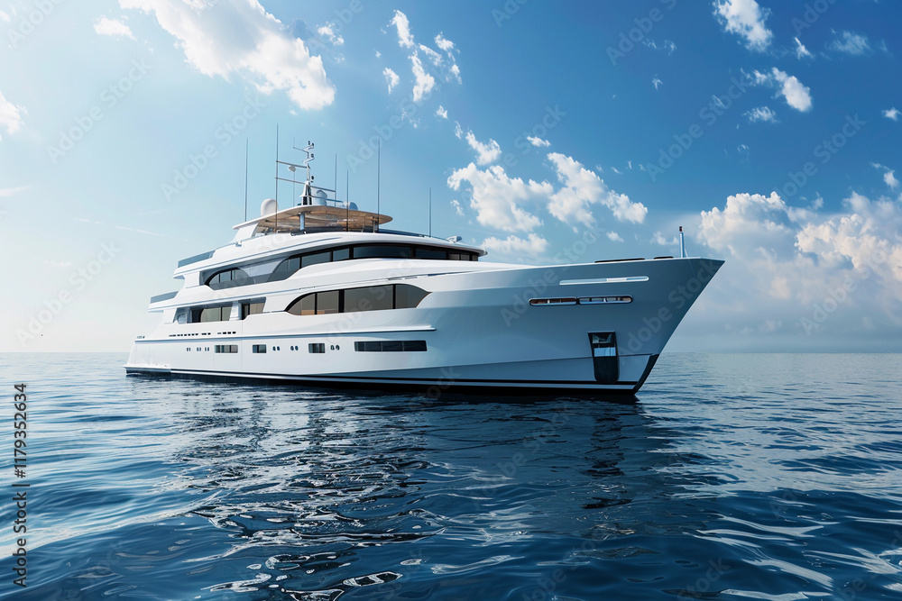 Luxury private big motor yacht in tropical sea with soft blue wave, abstract vivid composition consists of fictional unreal fantastic vision on background Luxury private big motor yacht in tropical sea with soft blue wave, abstract vivid composition consists of fictional unreal fantastic vision on background