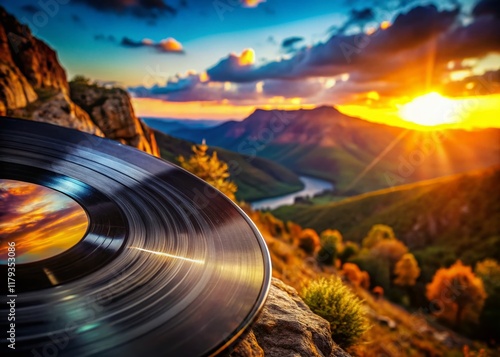 Candid Photo: Vinyl Record with Scenic Landscape Packaging, Space for Text photo