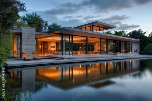 A contemporary lakeside home with open spaces, glass walls, and a reflection on calm water