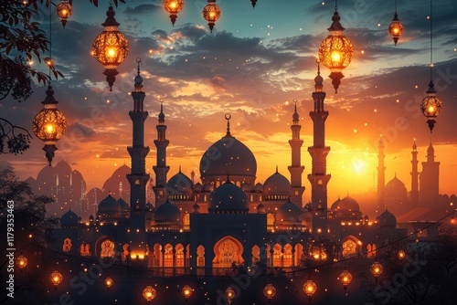 Illuminated Mosque at Sunset with Festive Lanterns