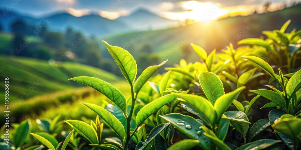 Fototapeta premium Valparai Tea Plantation Macro Photography: Dew Drops, Lush Green Leaves, Tamil Nadu, India
