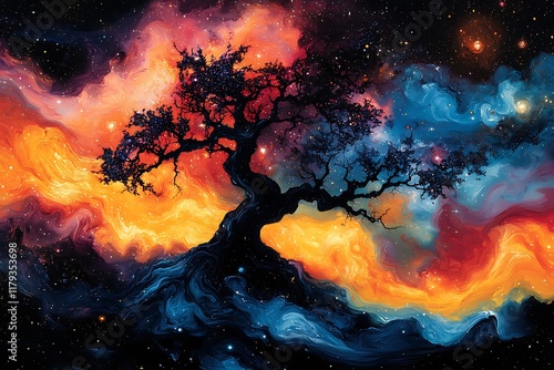 Cosmic Tree Stands Amidst Vibrant Nebula Colors photo