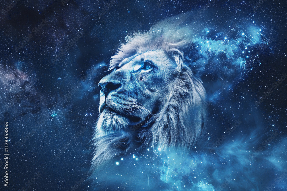 Fototapeta premium Astrological abstract composition with concept of Leo zodiac sign symbol, abstract vivid composition consists of fictional unreal fantastic vision on background