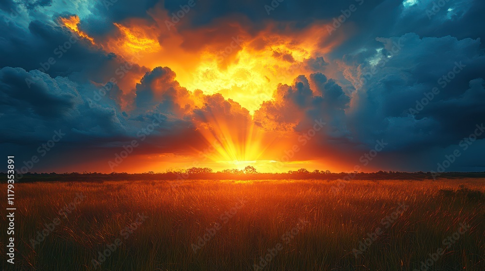 Fototapeta premium Fiery Sunset over Golden Fields: A Dramatic Landscape