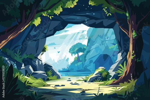 Fairy tale Forest cave Flat style cartoon vector illustration isolated on a white background