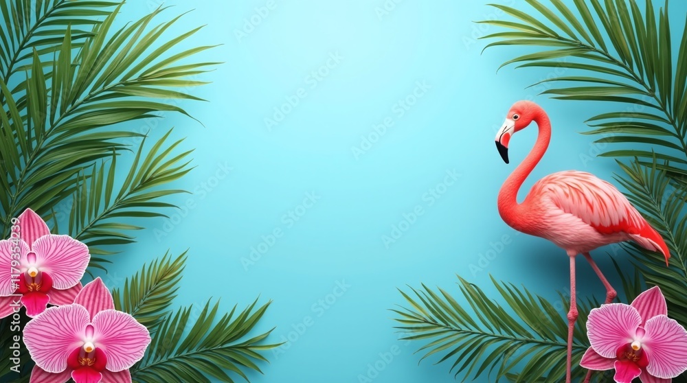 Obraz premium Exotic tropical summer background. Summer beach party concept. Pink flamingo, tropical leaves, orchid flower, suitcase, sunglasses,palm branches on blue background
