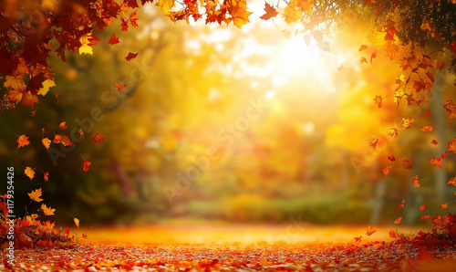 Autumn background with blurred autumn leaves on trees and falling leaves in a park at sunset. Autumn natural landscape with copy space, a fall season background. Generative Ai