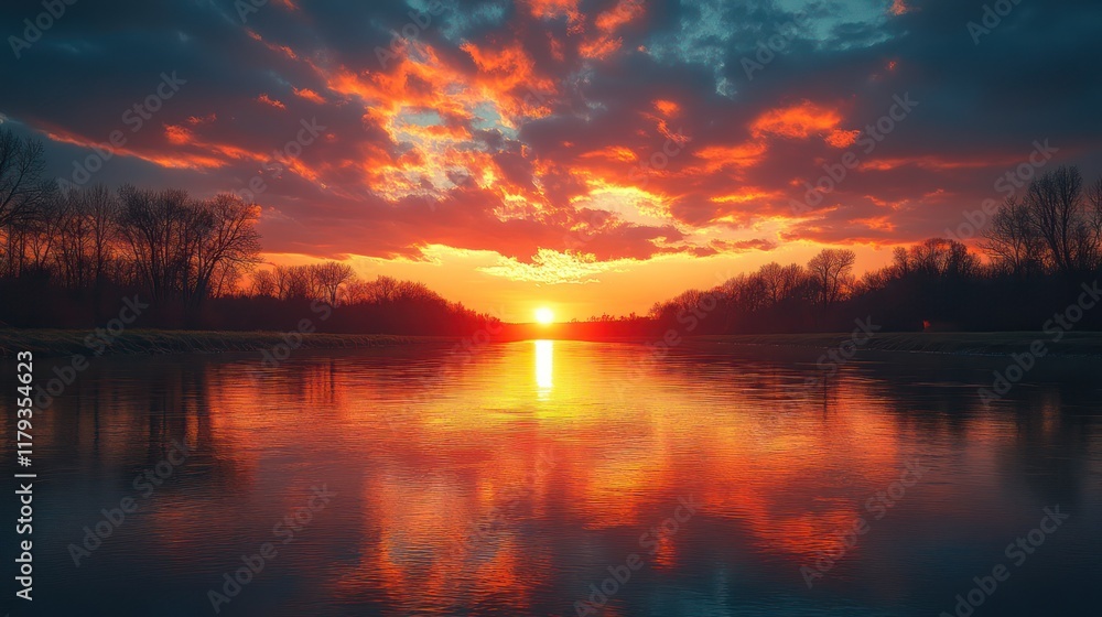 Fototapeta premium Fiery Sunset Over Serene River