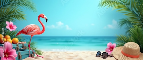 Fototapeta Naklejka Na Ścianę i Meble -  Exotic tropical summer background. Summer beach party concept. Pink flamingo, tropical leaves, orchid flower, suitcase, sunglasses,palm branches on blue background