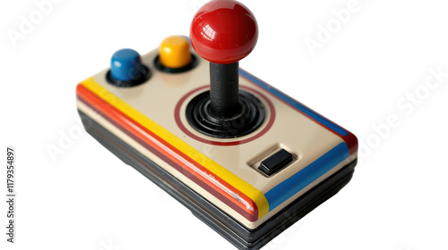 Vintage arcade joystick featuring colorful buttons and a prominent red joystick, ideal for classic gaming enthusiasts on transparent background photo