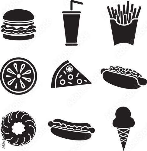 Junk food flat line icons set. Burger, fast snacks, sandwich, french fries, hot dog, mexican burrito, pizza vector illustrations. Thin signs for restaurant menu.