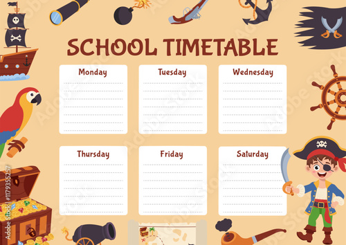 Pirate school timetable, lesson schedule. Timetable with pirate elements.