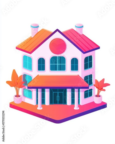 Colorful Isometric Illustration of Modern House Home Exterior Design Residential Building