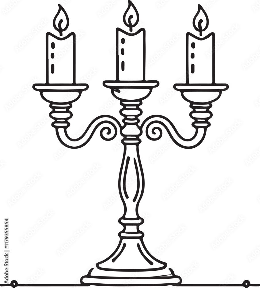 Three-Candle Classic Candelabra in Line Art Vector Style Three-Candle Classic Candelabra in Line Art Vector Style