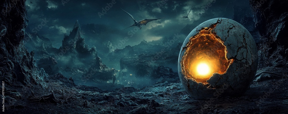 Obraz premium Glowing Dinosaur Egg in Mysterious Landscape