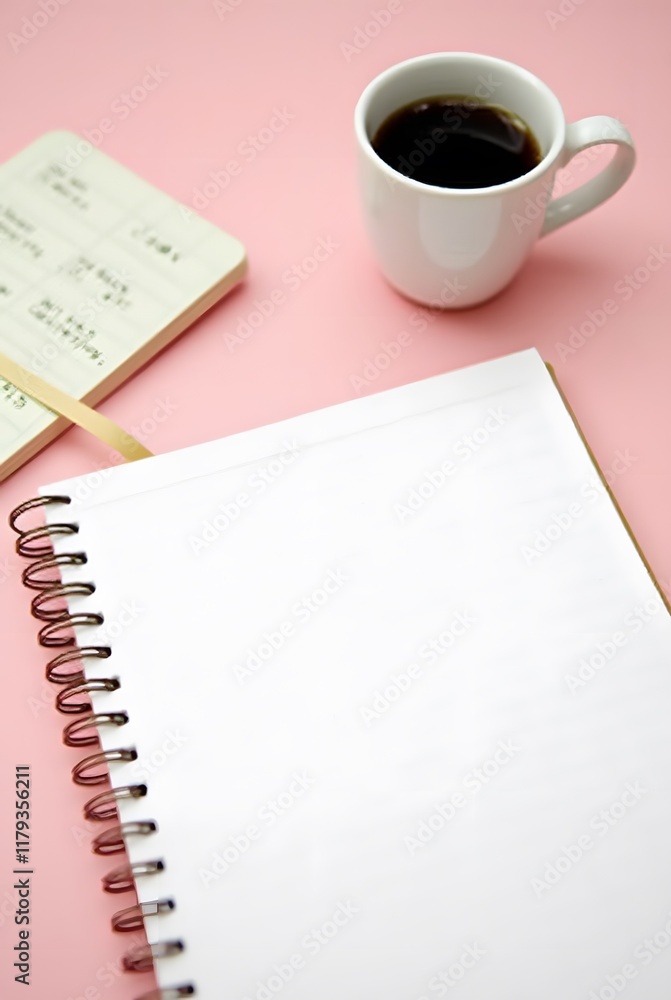 New year resolutions . resolutions list with notebook, coffee cup on pink table. Goals, resolutions, plan, action, checklist concept. New Year template, copy space New year resolutions . resolutions list with notebook, coffee cup on pink table. Goals, resolutions, plan, action, checklist concept. New Year template, copy space